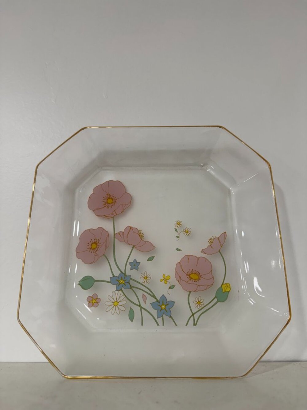 Vintage Glass Tray Gold Rim Pastel Floral Octagonal